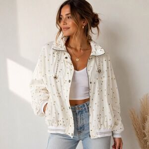 Vintage Andy Johns Womens Large Bomber Jacket White Gold Glitter Stars Celestial